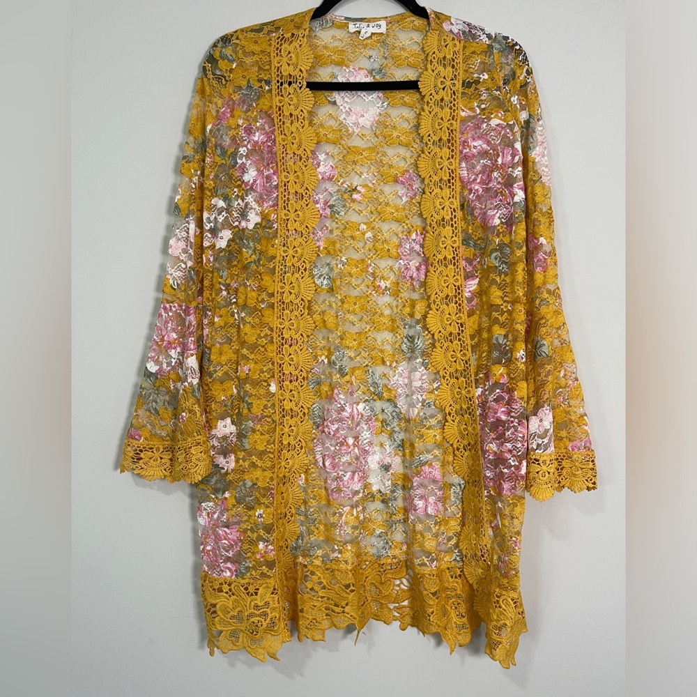 Jolie & Joy Womens Cardigan Size Small Mustard Yellow Lace Floral Coquette Boho
